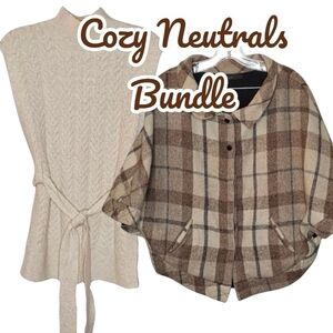 Neutrals Cream Herringbone Knit Poncho and Brown Beige Wool Plaid Cape Bundle